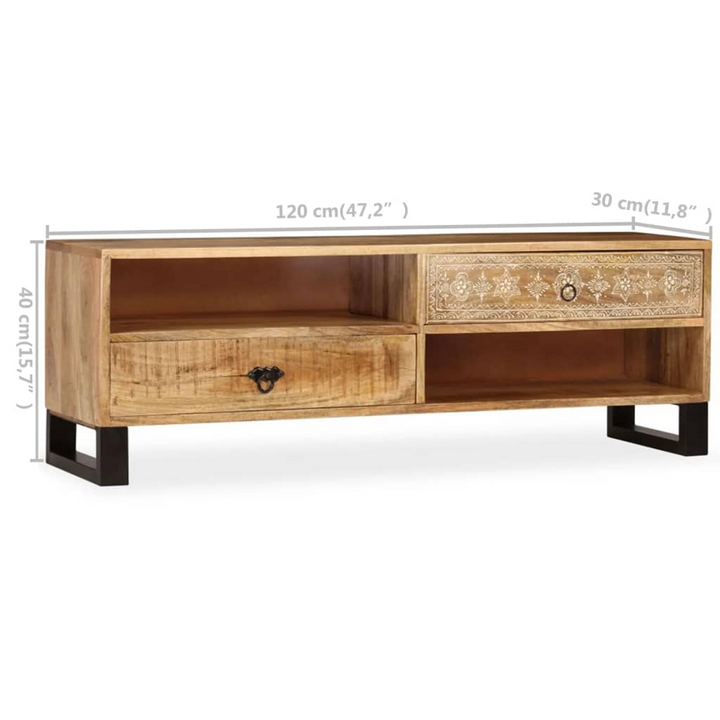 Solid Mango Wood TV Cabinet with Steel Legs - Vintage Hand-Painted Retro Style, 2 Shelves & 2 Drawers, 120cm - Premium  from Home Treasures - Just £289.99! Shop now at Home Treasures