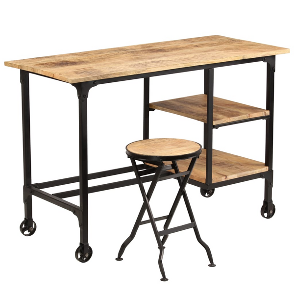 Vintage Solid Mango Wood Work Desk with Folding Stool - 115 x 50 x 76 cm - Home Office Furniture with Shelves & Wheels - Premium  from Home Treasures - Just £279.99! Shop now at Home Treasures