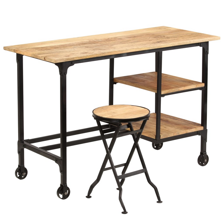 Vintage Solid Mango Wood Work Desk with Folding Stool - 115 x 50 x 76 cm - Home Office Furniture with Shelves & Wheels - Premium  from Home Treasures - Just £279.99! Shop now at Home Treasures