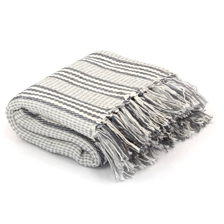 Grey and White Cotton Striped Throw - 220x250 cm, Soft & Stylish Blanket with Tassels - Premium  from Home Treasures - Just £37.99! Shop now at Home Treasures