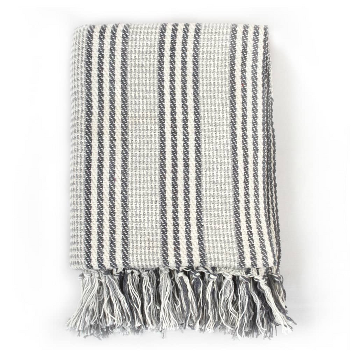 Grey and White Cotton Striped Throw - 220x250 cm, Soft & Stylish Blanket with Tassels - Premium  from Home Treasures - Just £37.99! Shop now at Home Treasures