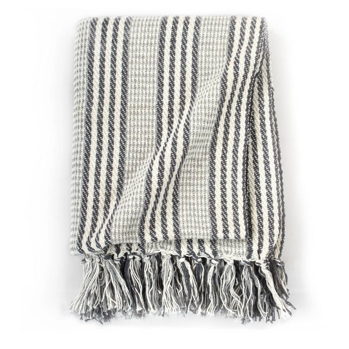 Grey and White Cotton Striped Throw - 220x250 cm, Soft & Stylish Blanket with Tassels - Premium  from Home Treasures - Just £37.99! Shop now at Home Treasures