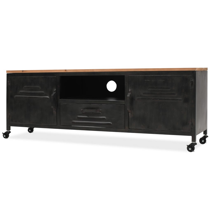 Stylish Industrial TV Cabinet in Black - Durable Galvanized Steel with Solid Fir Wood Top and Flexible Mobility - Premium  from Home Treasures - Just £231.99! Shop now at Home Treasures