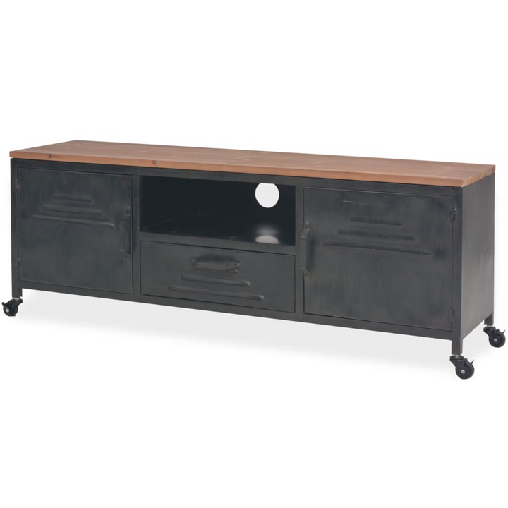 Stylish Industrial TV Cabinet in Black - Durable Galvanized Steel with Solid Fir Wood Top and Flexible Mobility - Premium  from Home Treasures - Just £231.99! Shop now at Home Treasures