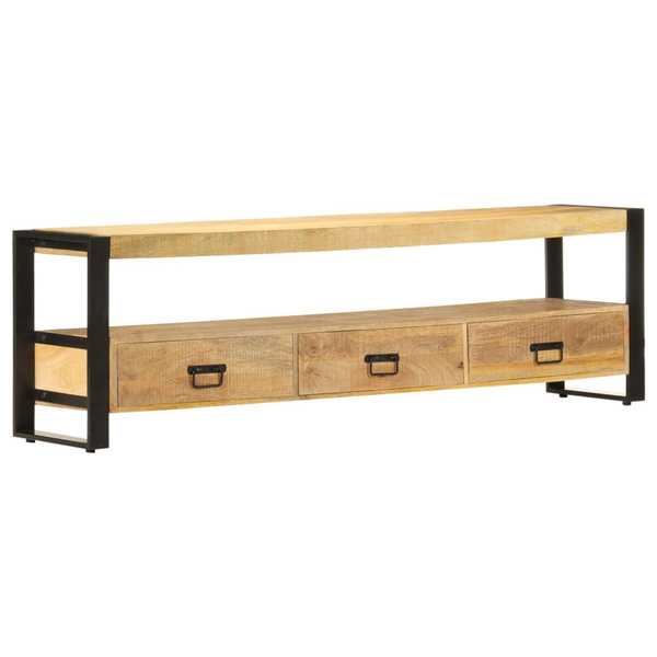 Rustic Solid Mango Wood TV Cabinet with Steel Frame - 3 Drawers & Open Compartment, 150cm - Premium  from Home Treasures - Just £228.99! Shop now at Home Treasures