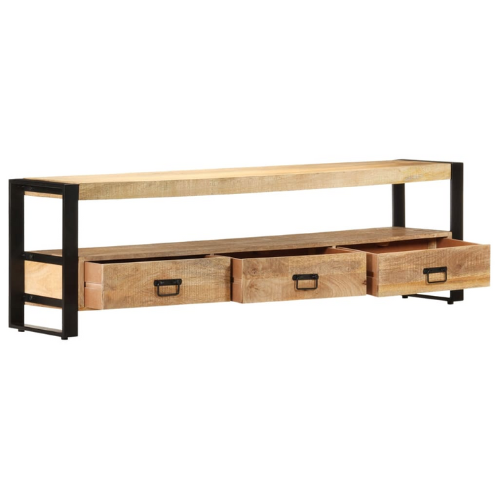 Rustic Solid Mango Wood TV Cabinet with Steel Frame - 3 Drawers & Open Compartment, 150cm - Premium  from Home Treasures - Just £228.99! Shop now at Home Treasures