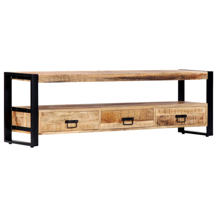 Rustic Solid Mango Wood TV Cabinet with Steel Frame - 3 Drawers & Open Compartment, 150cm - Premium  from Home Treasures - Just £228.99! Shop now at Home Treasures