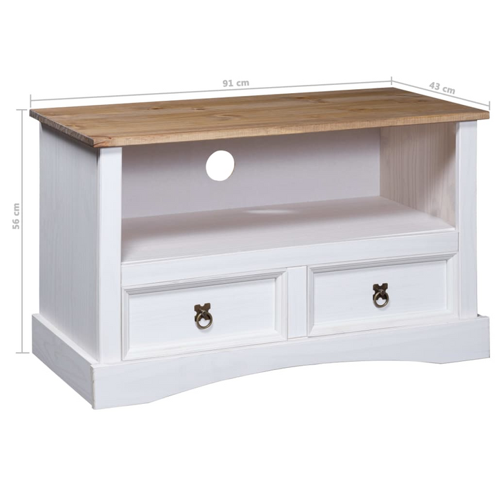 CORONA TV Cabinet - Rustic Solid Wood TV Stand with Drawers & Open Compartment, Mexican Pine, White & Brown, 91x43x56 cm - Premium  from Home Treasures - Just £124.99! Shop now at Home Treasures