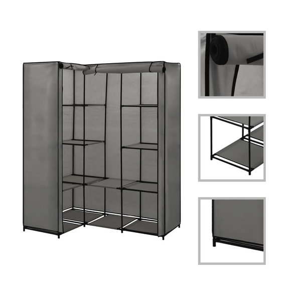 Fabric Corner Wardrobe in Grey - Space-Saving Iron Frame Closet with Zippered Fabric Cover (130x87x169 cm) - Premium  from Home Treasures - Just £53.99! Shop now at Home Treasures