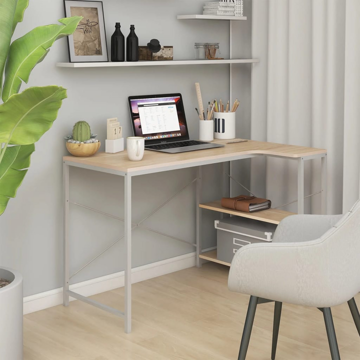 Modern White and Oak Work Desk with Shelves - Sturdy, Space-Saving 110 x 72 x 70cm Home Office Desk - Premium  from Home Treasures - Just £92.99! Shop now at Home Treasures