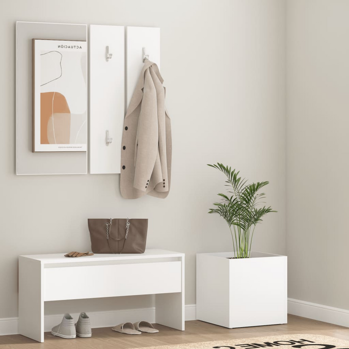 Elegant Hallway Furniture Set in White – Modern Entryway Solution with Storage Bench, Mirror, Coat Rack & Planter - Premium  from Home Treasures - Just £95.99! Shop now at Home Treasures