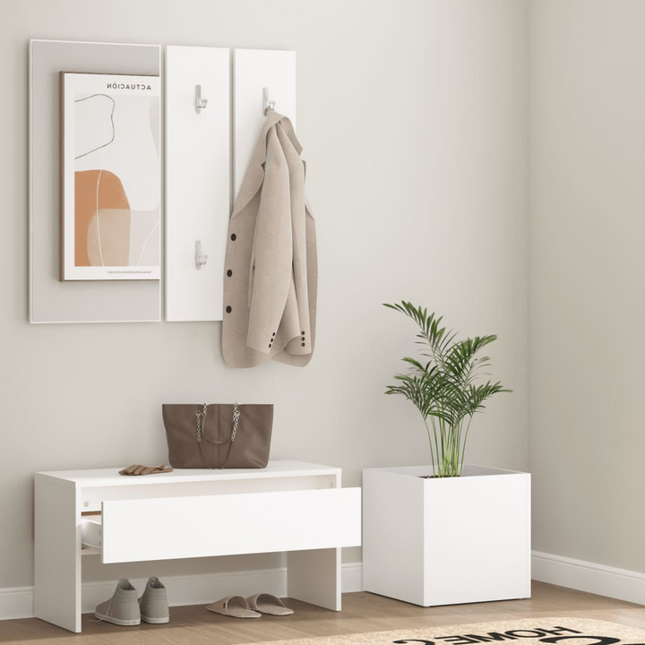 Elegant Hallway Furniture Set in White – Modern Entryway Solution with Storage Bench, Mirror, Coat Rack & Planter - Premium  from Home Treasures - Just £95.99! Shop now at Home Treasures