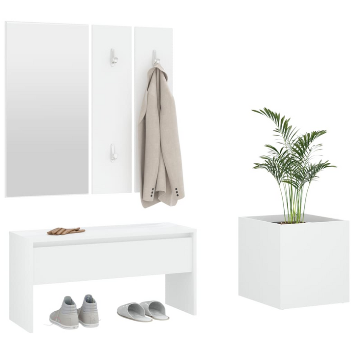 Elegant Hallway Furniture Set in White – Modern Entryway Solution with Storage Bench, Mirror, Coat Rack & Planter - Premium  from Home Treasures - Just £95.99! Shop now at Home Treasures