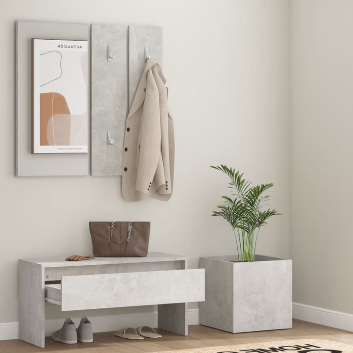 Modern Hallway Furniture Set in Concrete Grey Finish - Stylish Entryway Solution with Bench, Mirror, Coat Racks, and Planter Pot - Premium  from Home Treasures - Just £103.99! Shop now at Home Treasures