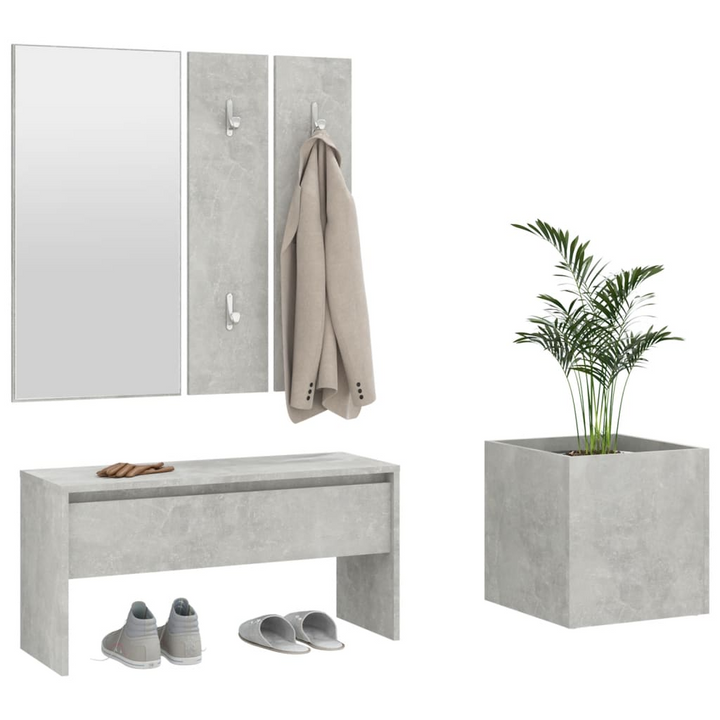 Modern Hallway Furniture Set in Concrete Grey Finish - Stylish Entryway Solution with Bench, Mirror, Coat Racks, and Planter Pot - Premium  from Home Treasures - Just £103.99! Shop now at Home Treasures