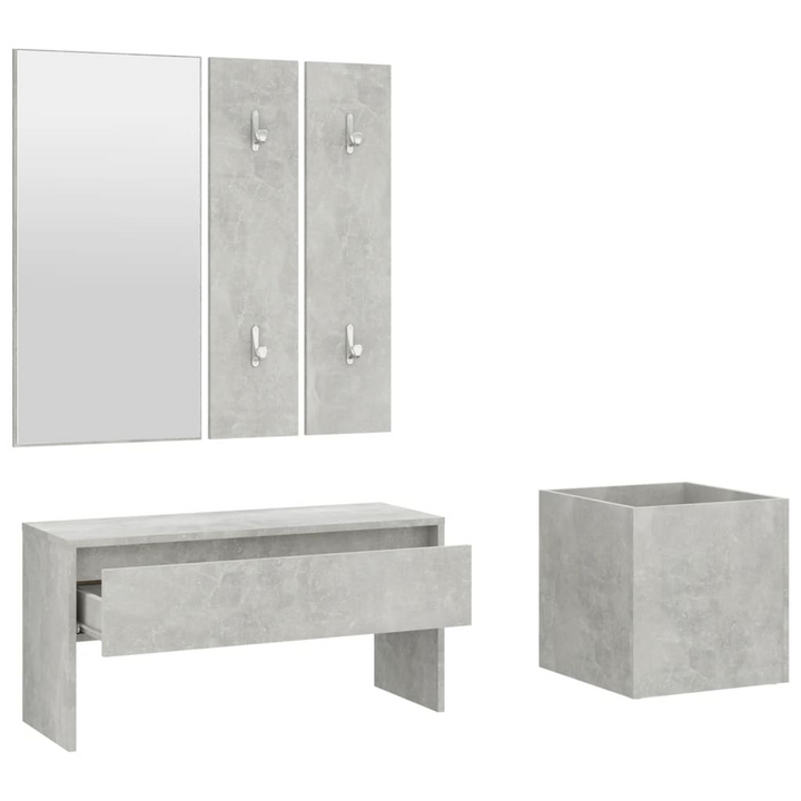 Modern Hallway Furniture Set in Concrete Grey Finish - Stylish Entryway Solution with Bench, Mirror, Coat Racks, and Planter Pot - Premium  from Home Treasures - Just £103.99! Shop now at Home Treasures