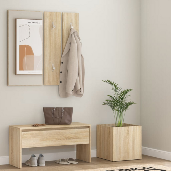 Elegant Sonoma Oak Hallway Furniture Set with Storage Bench, Mirror, Coat Racks & Planter - Stylish & Functional Entryway Solution - Premium  from Home Treasures - Just £109.99! Shop now at Home Treasures