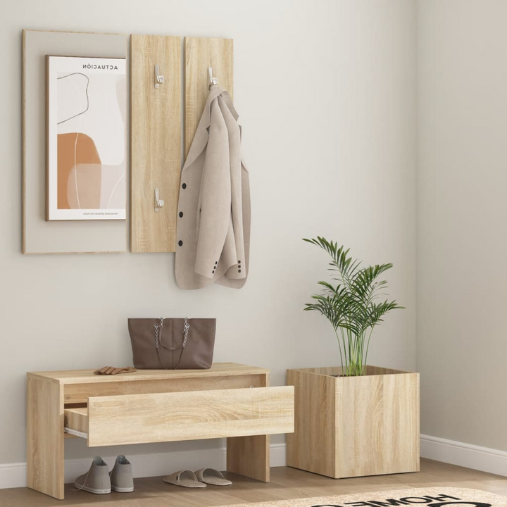 Elegant Sonoma Oak Hallway Furniture Set with Storage Bench, Mirror, Coat Racks & Planter - Stylish & Functional Entryway Solution - Premium  from Home Treasures - Just £109.99! Shop now at Home Treasures