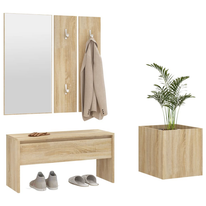 Elegant Sonoma Oak Hallway Furniture Set with Storage Bench, Mirror, Coat Racks & Planter - Stylish & Functional Entryway Solution - Premium  from Home Treasures - Just £109.99! Shop now at Home Treasures