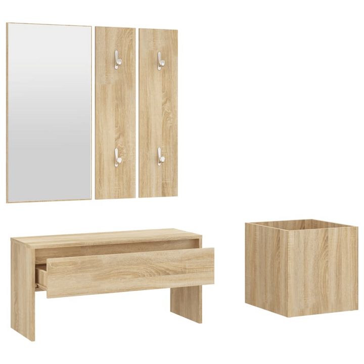 Elegant Sonoma Oak Hallway Furniture Set with Storage Bench, Mirror, Coat Racks & Planter - Stylish & Functional Entryway Solution - Premium  from Home Treasures - Just £109.99! Shop now at Home Treasures