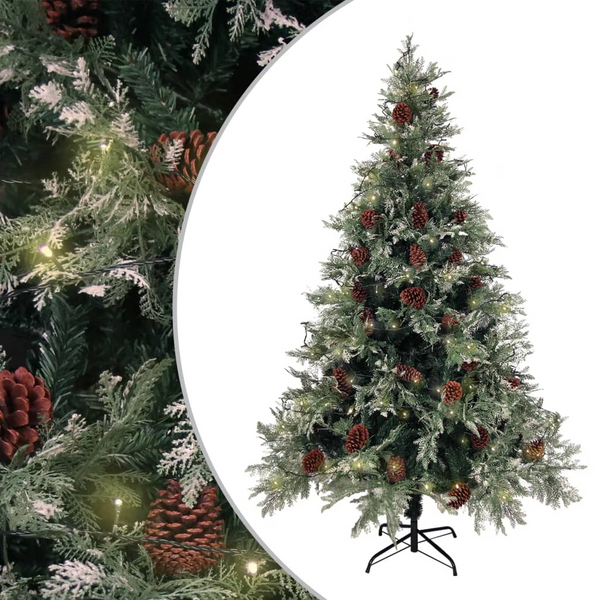 Pre-lit Christmas Tree with Pine Cones, Green & White, PVC & PE - Energy-efficient LED Lights - Premium  from Home Treasures - Just £98.99! Shop now at Home Treasures