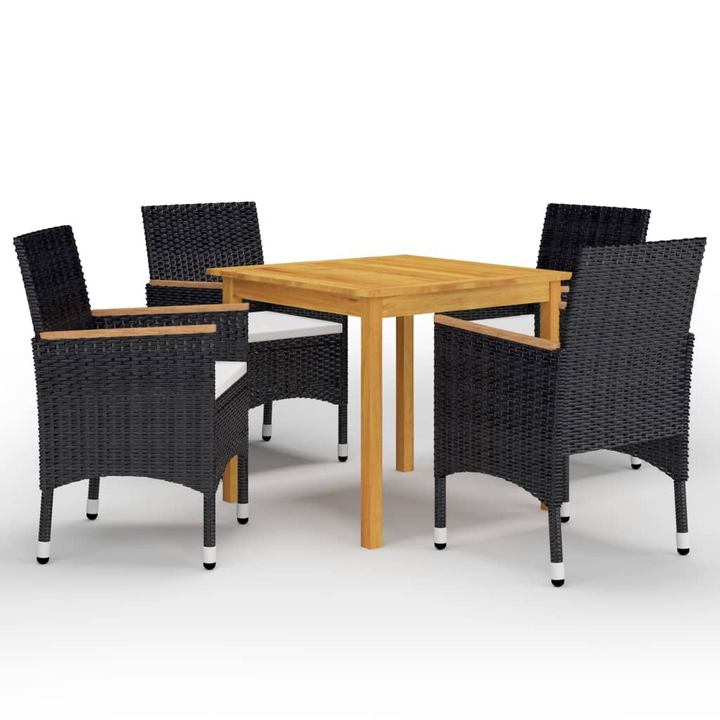 Elegant Five Piece Rattan Garden Dining Set with Cushions - Black & Acacia Wood - Perfect for Outdoor Dining & Relaxation - Premium  from Home Treasures - Just £379.99! Shop now at Home Treasures