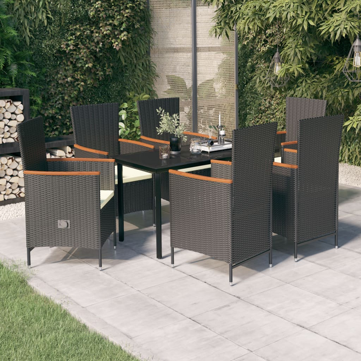 Black & Acacia Wood Elegant Tall Back Garden Dining Set - 7 Piece with Cushions - Perfect for Outdoor Living - Premium  from Home Treasures - Just £629.99! Shop now at Home Treasures