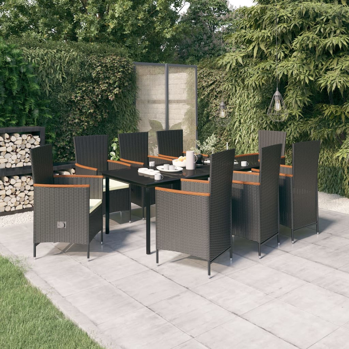 Luxurious Nine Piece Rattan Garden Dining Set with Cushions - Black & Acacia Wood | Outdoor Patio Furniture | Tall Back Design - Premium  from Home Treasures - Just £919.99! Shop now at Home Treasures