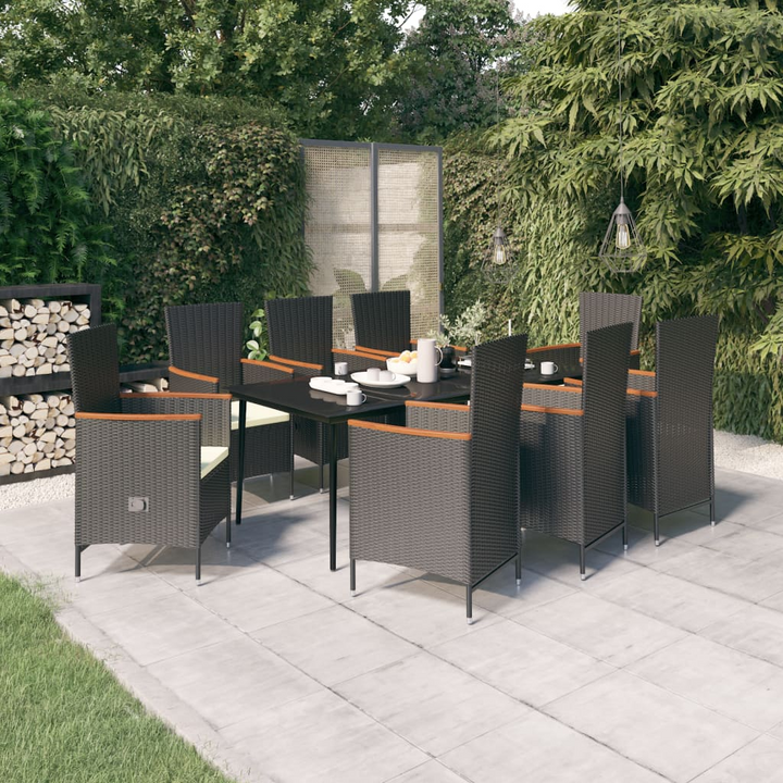 Elegant Tall Back Nine Piece Rattan Garden Dining Set with Cushions (Black & Acacia Wood) - Perfect for Outdoor Dining & Relaxation - Premium  from Home Treasures - Just £956.99! Shop now at Home Treasures