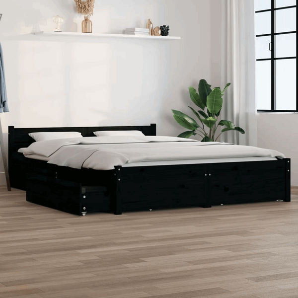 Modern Black Bed Frame with Storage Drawers | 135x190cm | Solid Pine Wood | Includes Headboard & Ample Storage | Sleek & Sturdy Design - Premium  from Home Treasures - Just £285.99! Shop now at Home Treasures