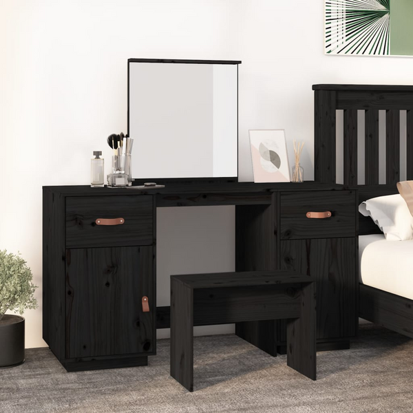 Elegant Black Solid Pine Wood Dressing Table Set with Mirror - Functional Vanity Desk with Ample Storage - Premium  from Home Treasures - Just £268.99! Shop now at Home Treasures