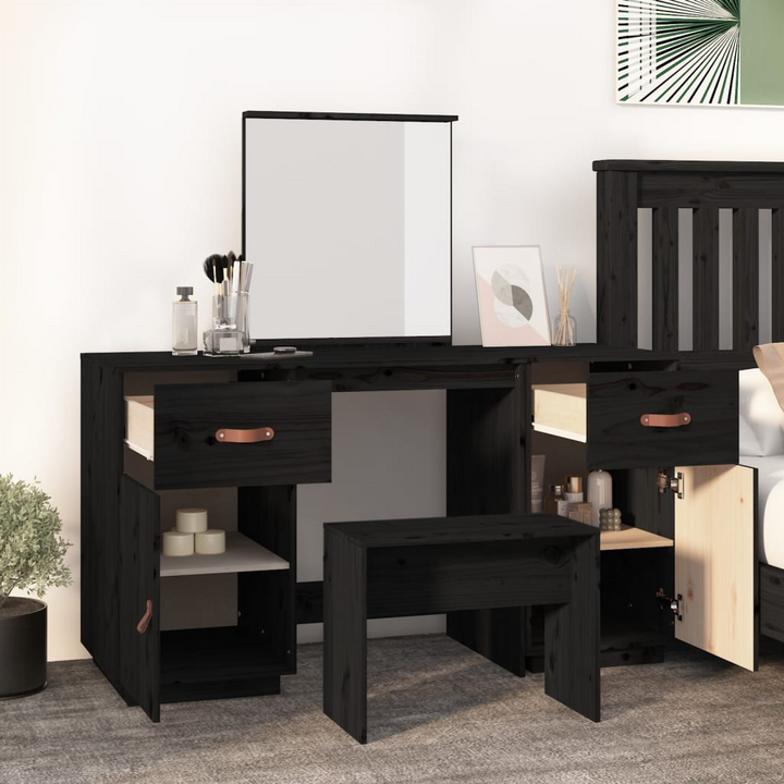 Elegant Black Solid Pine Wood Dressing Table Set with Mirror - Functional Vanity Desk with Ample Storage - Premium  from Home Treasures - Just £265.99! Shop now at Home Treasures