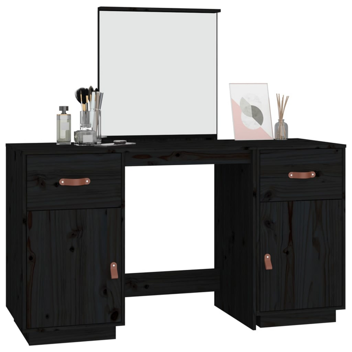 Elegant Black Solid Pine Wood Dressing Table Set with Mirror - Functional Vanity Desk with Ample Storage - Premium  from Home Treasures - Just £265.99! Shop now at Home Treasures