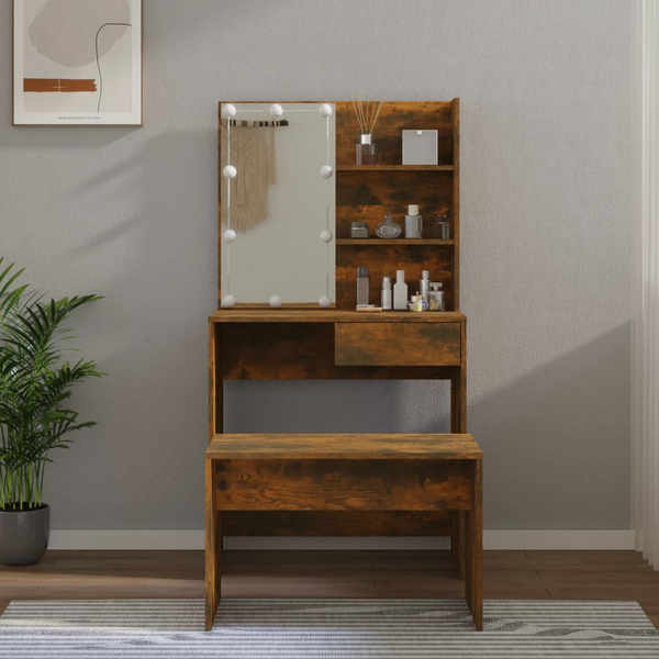 Dressing Table Set with LED Mirror - Smoked Oak Finish - Vanity with Stool and Storage - Premium  from Home Treasures - Just £106.99! Shop now at Home Treasures