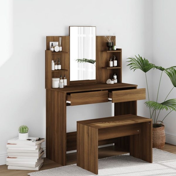 Modern Brown Oak Dressing Table Set with Mirror & Stool (96x40x142 cm) - Ample Storage Vanity - Premium  from Home Treasures - Just £129.99! Shop now at Home Treasures