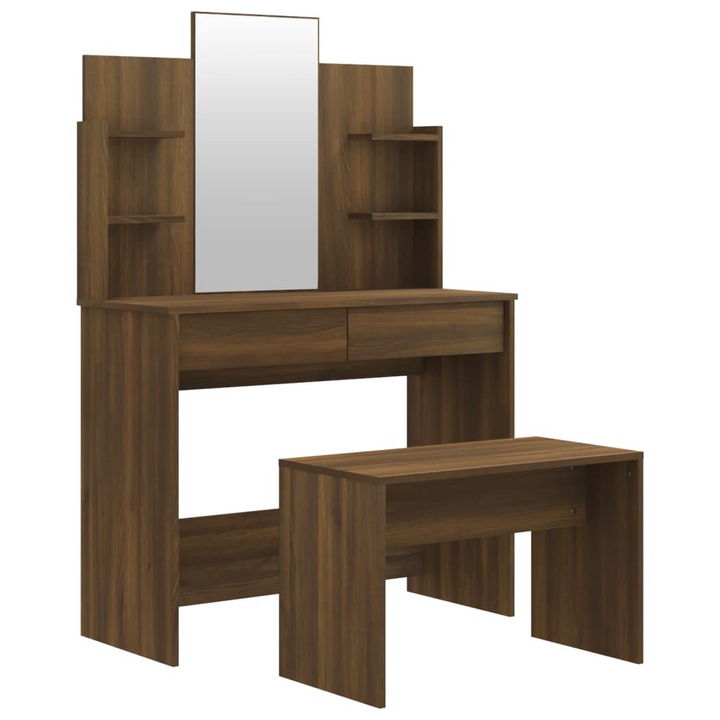 Modern Brown Oak Dressing Table Set with Mirror & Stool (96x40x142 cm) - Ample Storage Vanity - Premium  from Home Treasures - Just £129.99! Shop now at Home Treasures