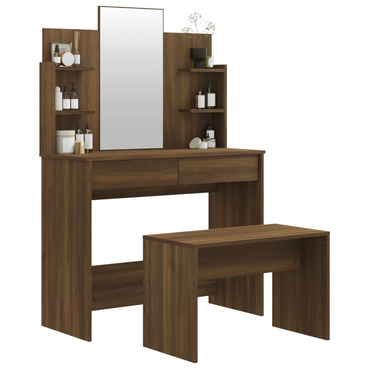 Modern Brown Oak Dressing Table Set with Mirror & Stool (96x40x142 cm) - Ample Storage Vanity - Premium  from Home Treasures - Just £129.99! Shop now at Home Treasures