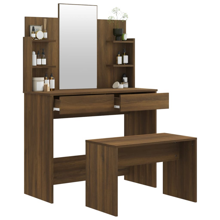 Modern Brown Oak Dressing Table Set with Mirror & Stool (96x40x142 cm) - Ample Storage Vanity - Premium  from Home Treasures - Just £129.99! Shop now at Home Treasures