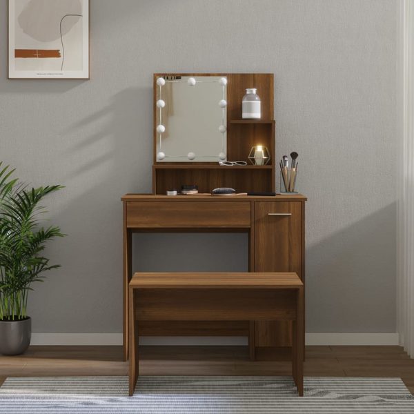 Elegant Brown Oak Dressing Table Set with LED Lighting & Mirror - Engineered Wood Vanity with Stool & Ample Storage - Premium  from Home Treasures - Just £127.99! Shop now at Home Treasures