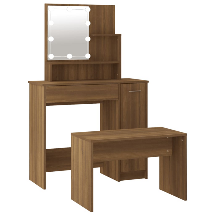 Elegant Brown Oak Dressing Table Set with LED Lighting & Mirror - Engineered Wood Vanity with Stool & Ample Storage - Premium  from Home Treasures - Just £127.99! Shop now at Home Treasures