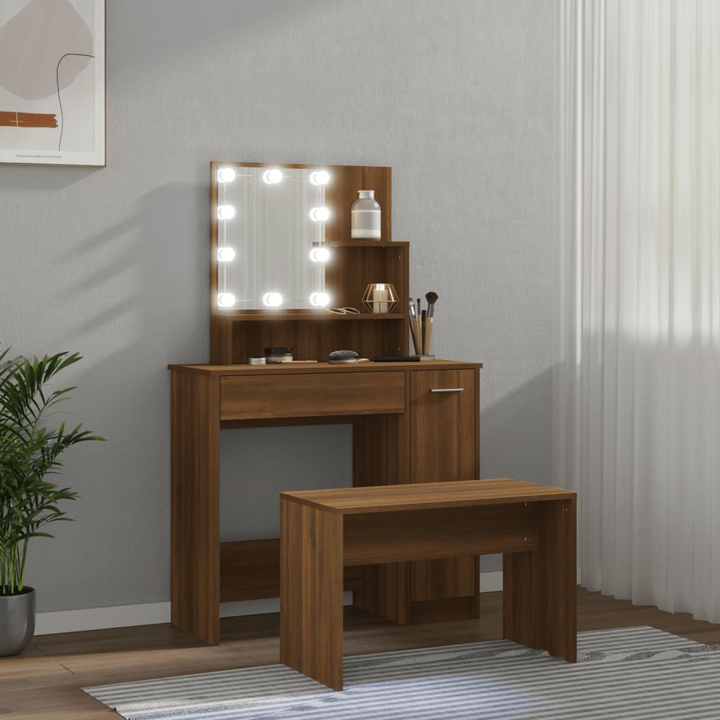 Elegant Brown Oak Dressing Table Set with LED Lighting & Mirror - Engineered Wood Vanity with Stool & Ample Storage - Premium  from Home Treasures - Just £127.99! Shop now at Home Treasures