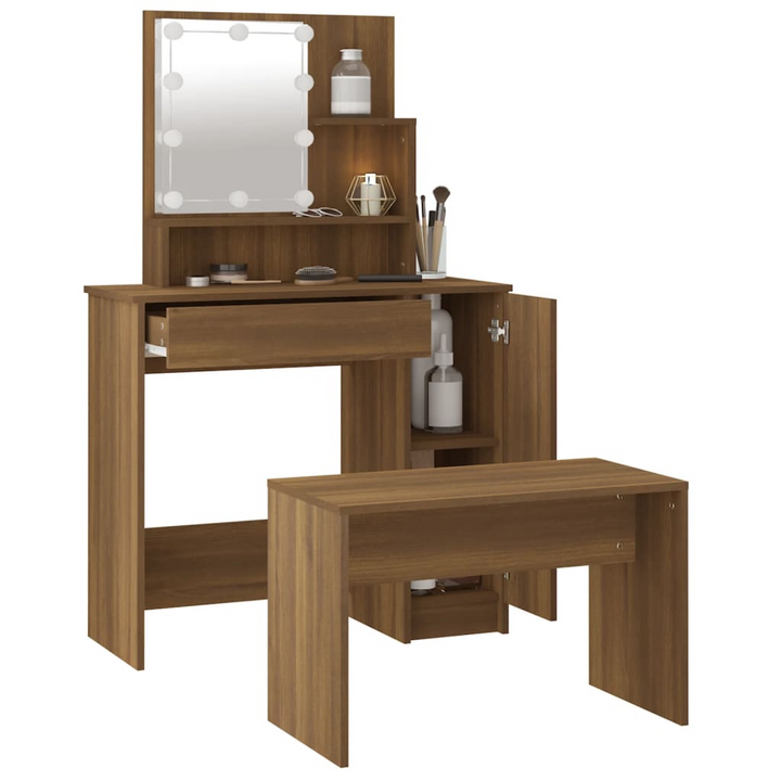 Elegant Brown Oak Dressing Table Set with LED Lighting & Mirror - Engineered Wood Vanity with Stool & Ample Storage - Premium  from Home Treasures - Just £127.99! Shop now at Home Treasures