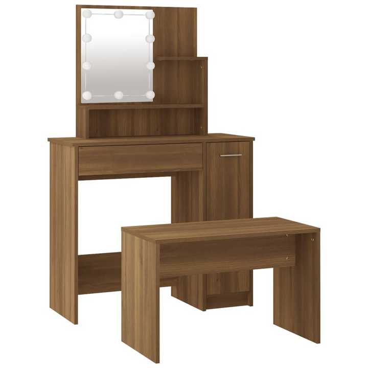 Elegant Brown Oak Dressing Table Set with LED Lighting & Mirror - Engineered Wood Vanity with Stool & Ample Storage - Premium  from Home Treasures - Just £127.99! Shop now at Home Treasures