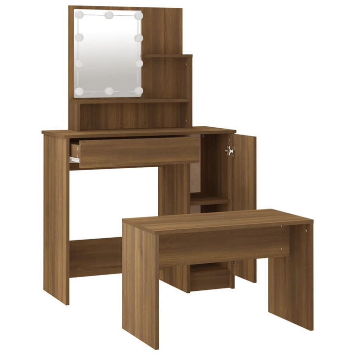 Elegant Brown Oak Dressing Table Set with LED Lighting & Mirror - Engineered Wood Vanity with Stool & Ample Storage - Premium  from Home Treasures - Just £127.99! Shop now at Home Treasures