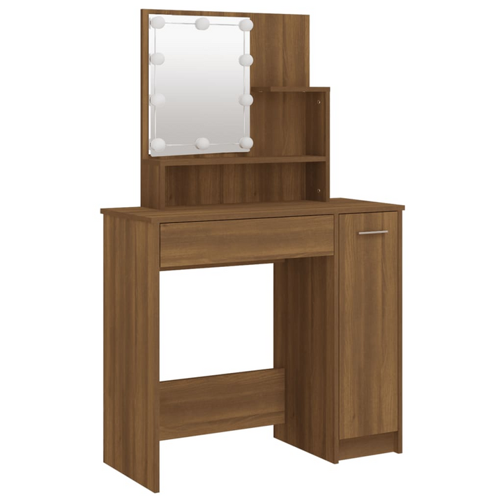 Elegant Brown Oak Dressing Table Set with LED Lighting & Mirror - Engineered Wood Vanity with Stool & Ample Storage - Premium  from Home Treasures - Just £127.99! Shop now at Home Treasures