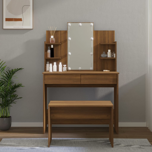 Elegant Engineered Wood Vanity with Mirror & Stool – Brown Oak Dressing Table Set with LED Lights - Premium  from Home Treasures - Just £187.99! Shop now at Home Treasures