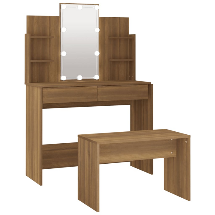 Elegant Engineered Wood Vanity with Mirror & Stool – Brown Oak Dressing Table Set with LED Lights - Premium  from Home Treasures - Just £187.99! Shop now at Home Treasures