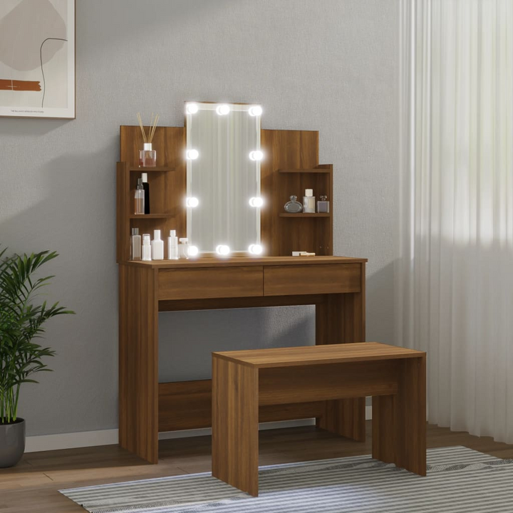 Elegant Engineered Wood Vanity with Mirror & Stool – Brown Oak Dressing Table Set with LED Lights - Premium  from Home Treasures - Just £187.99! Shop now at Home Treasures