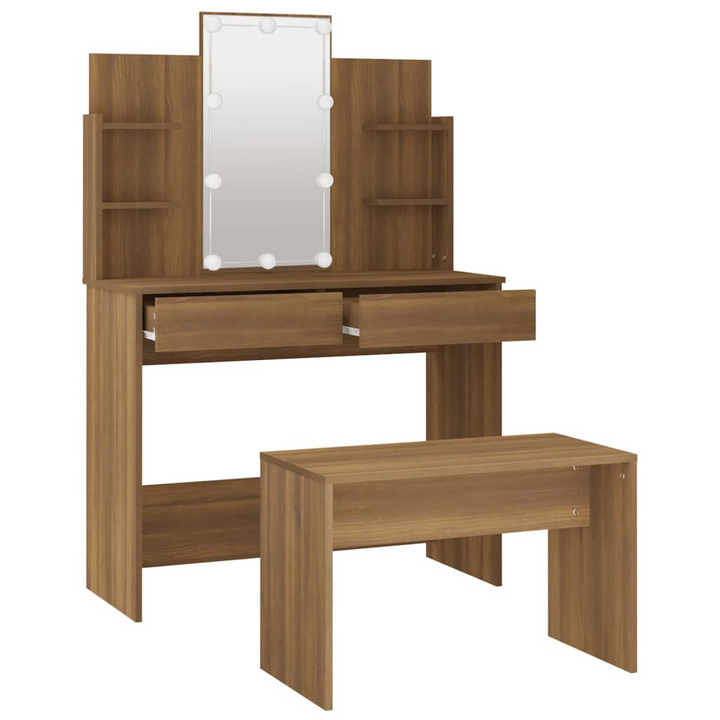 Elegant Engineered Wood Vanity with Mirror & Stool – Brown Oak Dressing Table Set with LED Lights - Premium  from Home Treasures - Just £187.99! Shop now at Home Treasures