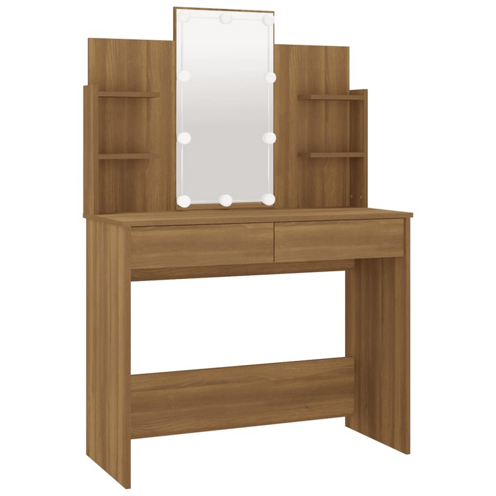 Elegant Engineered Wood Vanity with Mirror & Stool – Brown Oak Dressing Table Set with LED Lights - Premium  from Home Treasures - Just £187.99! Shop now at Home Treasures